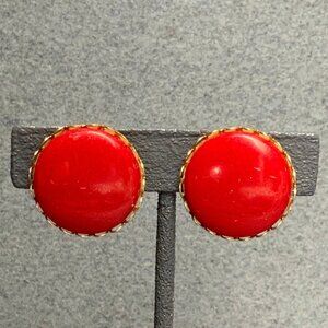 Clip On Earrings Red Round Gold Scalloped Edge Retro Vintage Classic Rockabilly